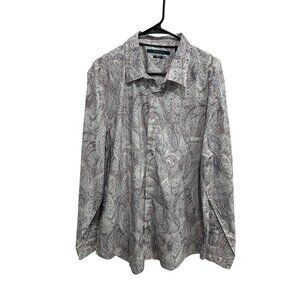 Perry Ellis Dotted Paisley Button Front Long Sleeve Shirt Blue Red Sz XXL Office